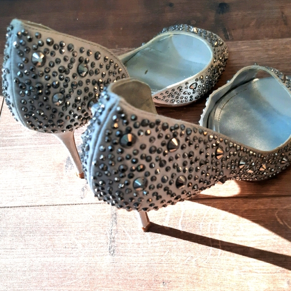 Silver Satin Sparkly Jewelled Heels - Picture 2 of 6